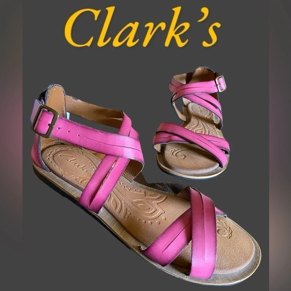Clark’s-size 8 raspberry “Billie Jazz” sandals. Non slip sole. VG preowned!!